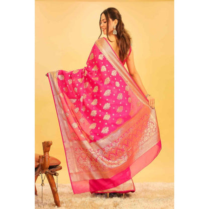 Isadora Life Womens Woven Zari Pink Pre-Draped Saree With Unstitched Blouse