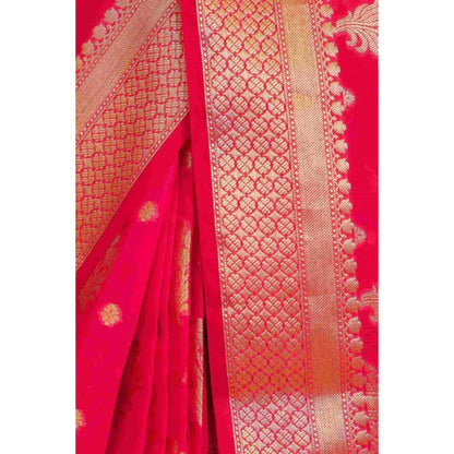 Isadora Life Womens Woven Zari Pink Pre-Draped Saree With Unstitched Blouse