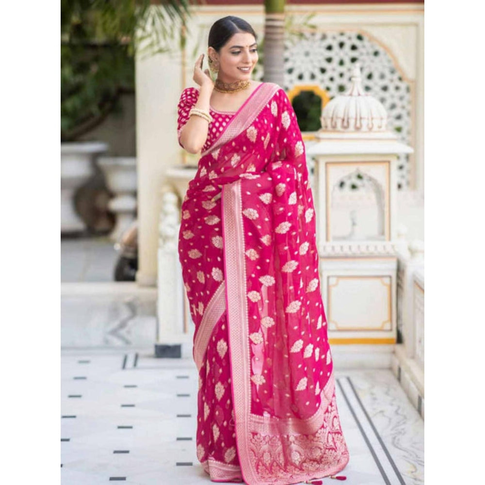 Isadora Life Womens Woven Zari Pink Pre-Draped Saree With Unstitched Blouse