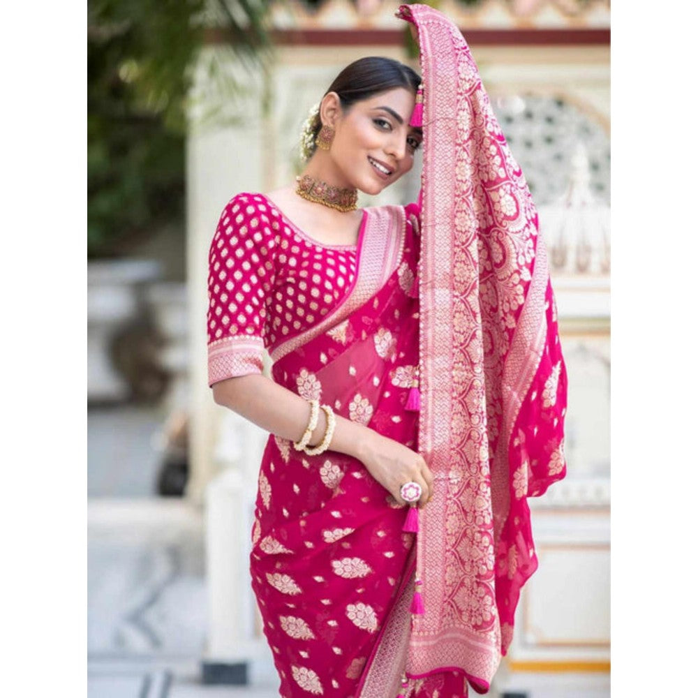 Isadora Life Womens Woven Zari Pink Pre-Draped Saree With Unstitched Blouse