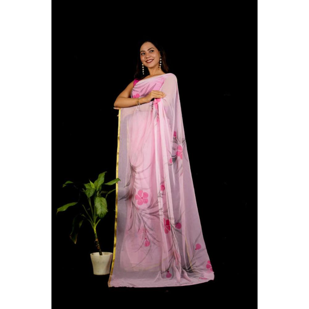 Isadora Life Womens Floral Printed Pink Pre-Draped Saree With Unstitched Blouse