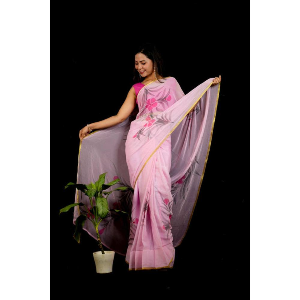 Isadora Life Womens Floral Printed Pink Pre-Draped Saree With Unstitched Blouse