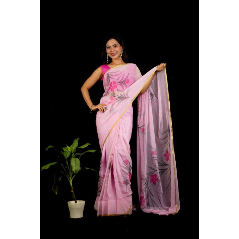 Isadora Life Womens Floral Printed Pink Pre-Draped Saree With Unstitched Blouse