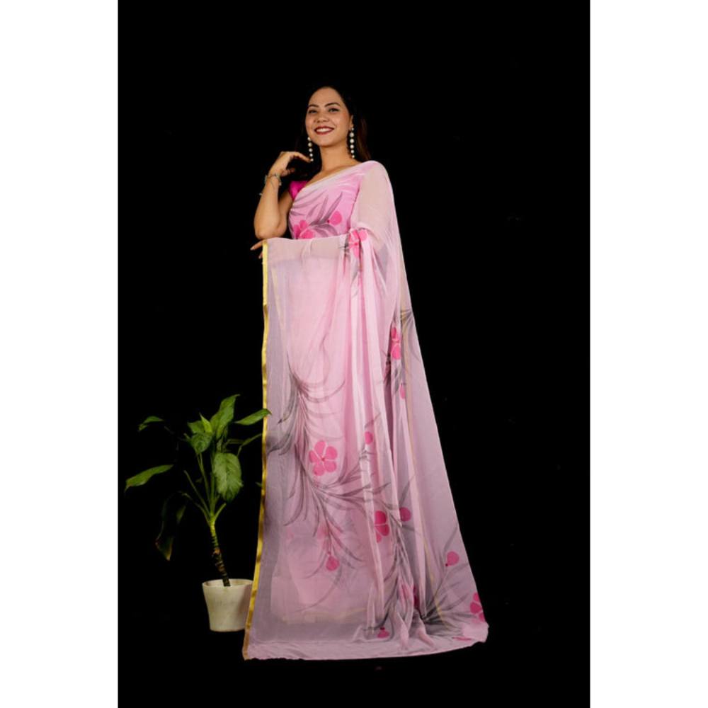 Isadora Life Womens Floral Printed Pink Pre-Draped Saree With Unstitched Blouse