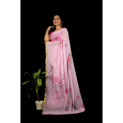 Isadora Life Womens Floral Printed Pink Pre-Draped Saree With Unstitched Blouse