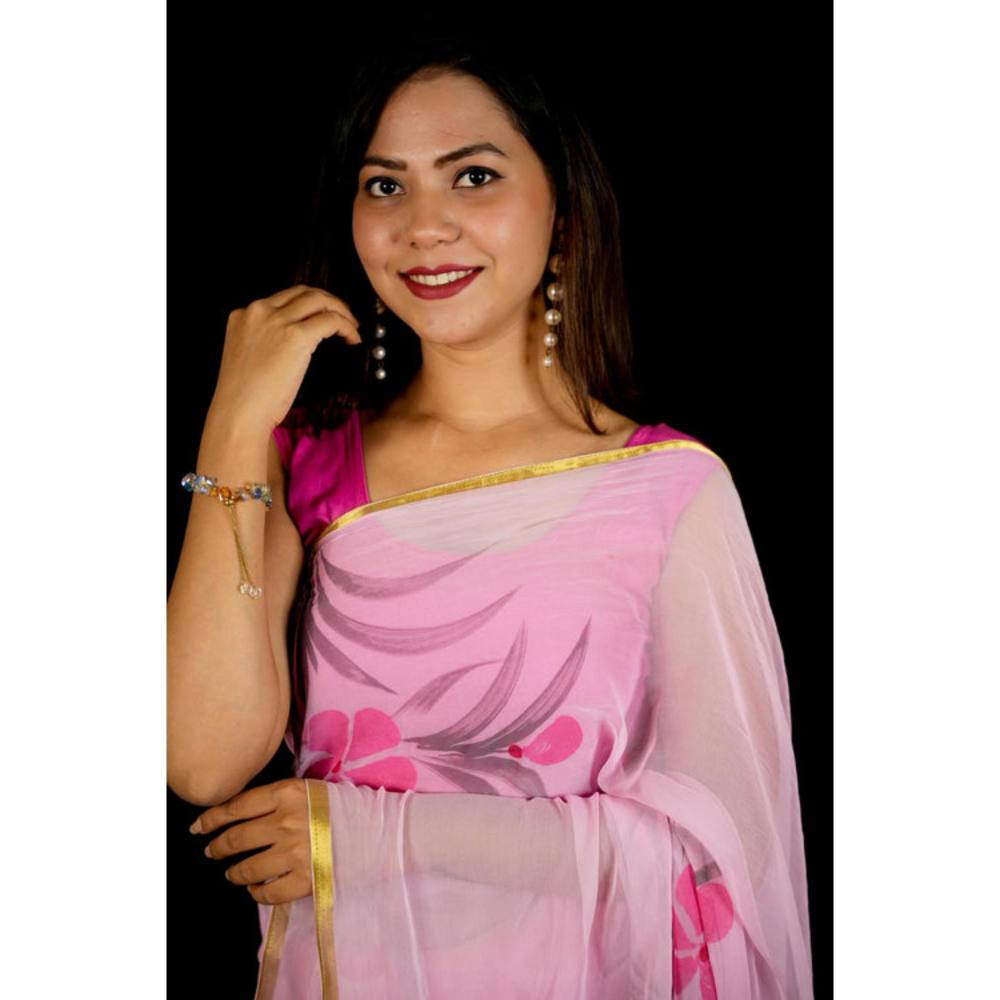 Isadora Life Womens Floral Printed Pink Pre-Draped Saree With Unstitched Blouse
