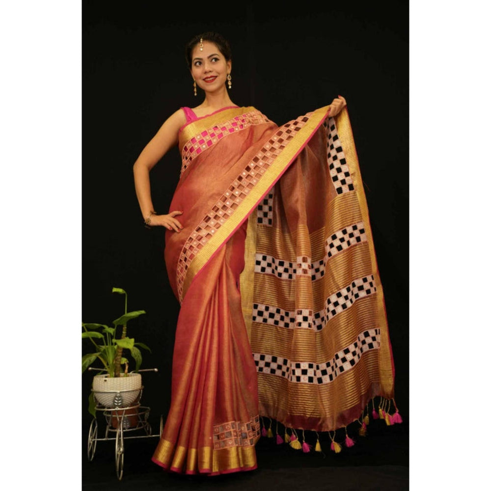 Isadora Life Womens Embroidered Mirror Work Brown Pre-Draped Saree With Unstitched Blouse