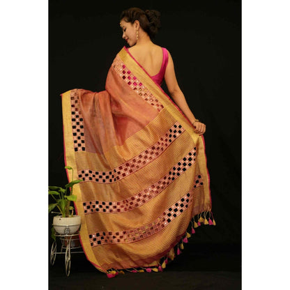 Isadora Life Womens Embroidered Mirror Work Brown Pre-Draped Saree With Unstitched Blouse