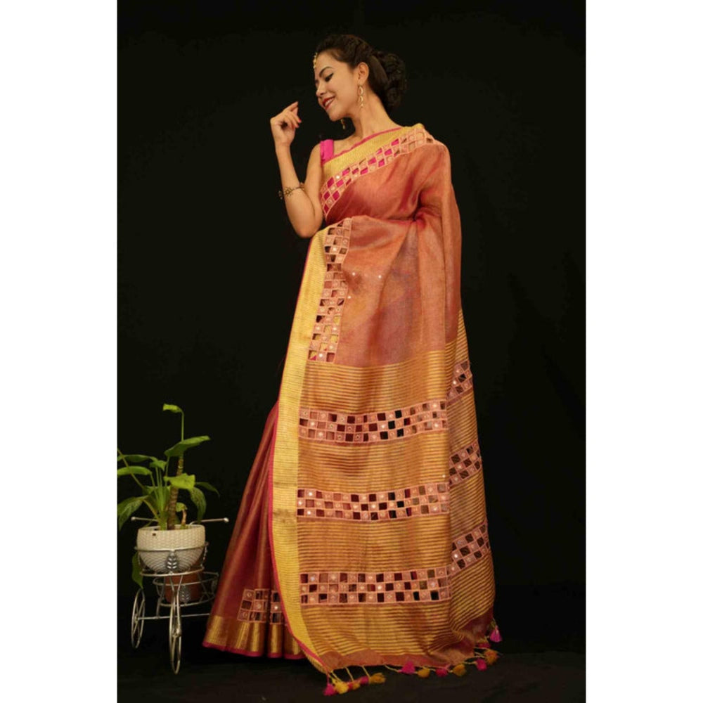 Isadora Life Womens Embroidered Mirror Work Brown Pre-Draped Saree With Unstitched Blouse