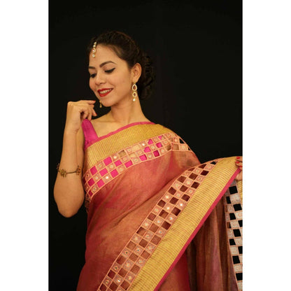 Isadora Life Womens Embroidered Mirror Work Brown Pre-Draped Saree With Unstitched Blouse
