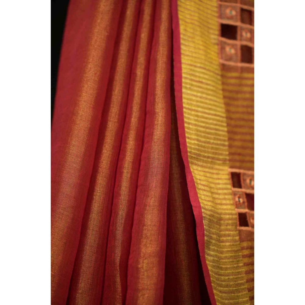 Isadora Life Womens Embroidered Mirror Work Brown Pre-Draped Saree With Unstitched Blouse