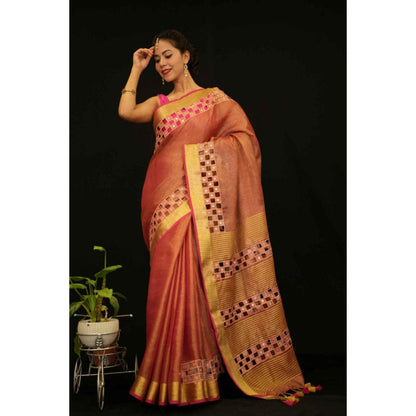 Isadora Life Womens Embroidered Mirror Work Brown Pre-Draped Saree With Unstitched Blouse