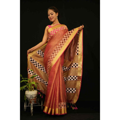 Isadora Life Womens Embroidered Mirror Work Brown Pre-Draped Saree With Unstitched Blouse