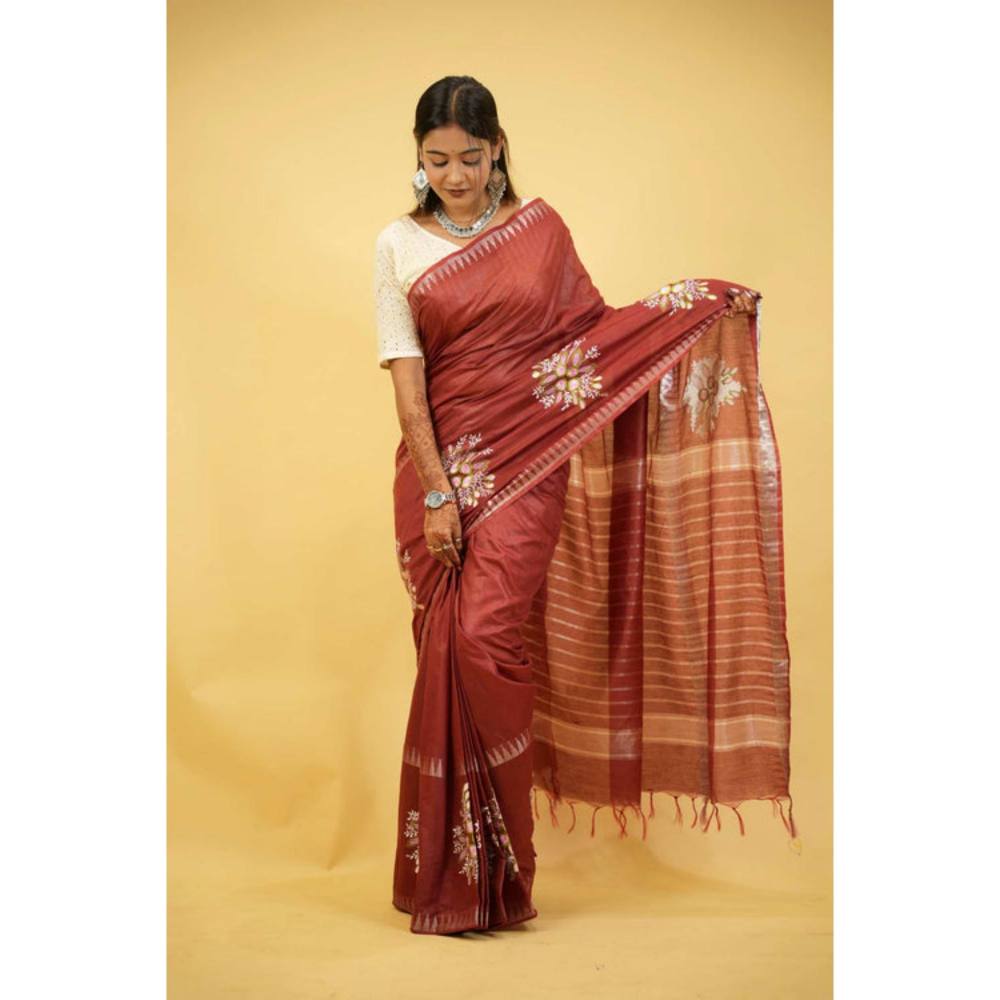 Isadora Life Womens Embroidered Tassels Brown Pre-Draped Saree With Unstitched Blouse