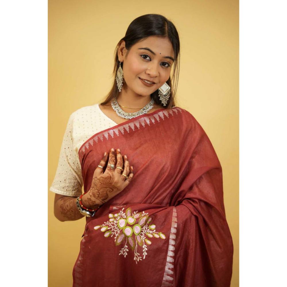 Isadora Life Womens Embroidered Tassels Brown Pre-Draped Saree With Unstitched Blouse