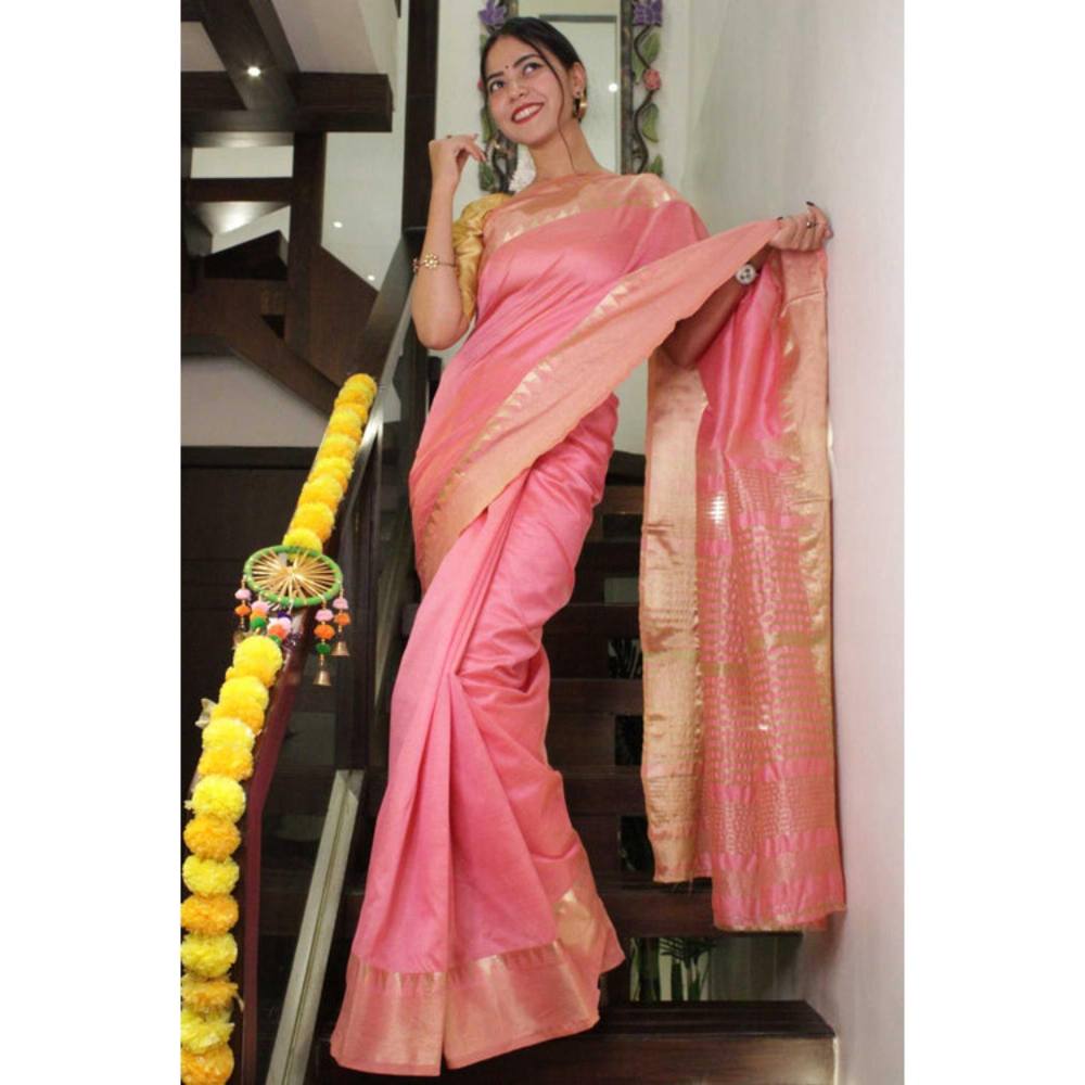 Isadora Life Womens Woven Zari Pink Pre-Draped Saree With Unstitched Blouse