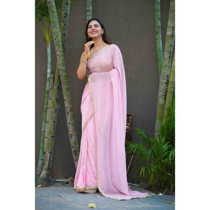 Isadora Life Womens Sequined Lace Work Pink Pre-Draped Saree With Unstitched Blouse