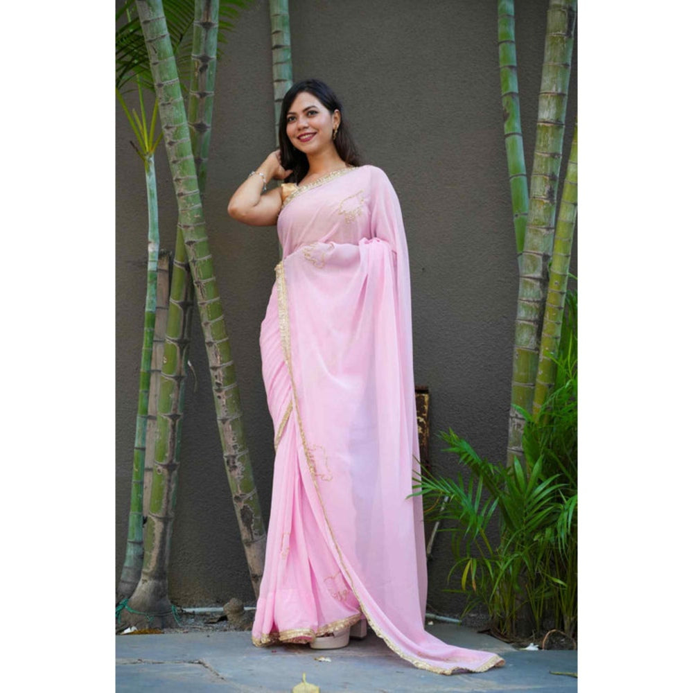 Isadora Life Womens Sequined Lace Work Pink Pre-Draped Saree With Unstitched Blouse