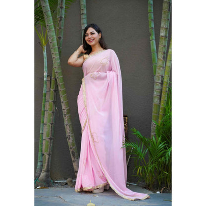 Isadora Life Womens Sequined Lace Work Pink Pre-Draped Saree With Unstitched Blouse
