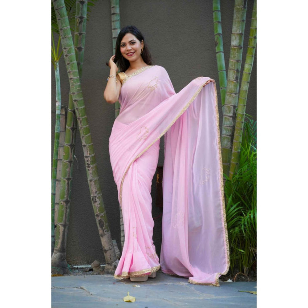 Isadora Life Womens Sequined Lace Work Pink Pre-Draped Saree With Unstitched Blouse
