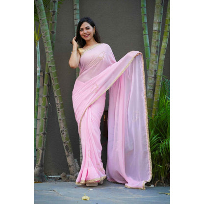 Isadora Life Womens Sequined Lace Work Pink Pre-Draped Saree With Unstitched Blouse