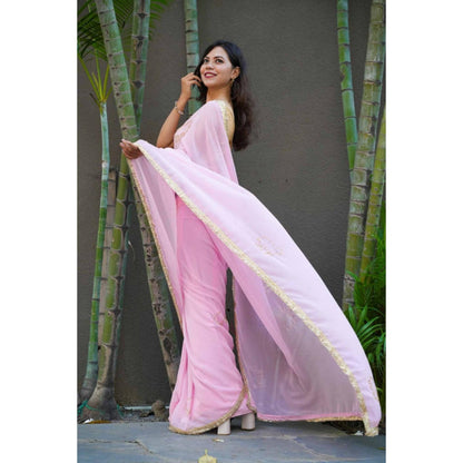 Isadora Life Womens Sequined Lace Work Pink Pre-Draped Saree With Unstitched Blouse