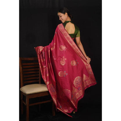 Isadora Life Womens Woven Zari Pink Pre-Draped Saree With Unstitched Blouse