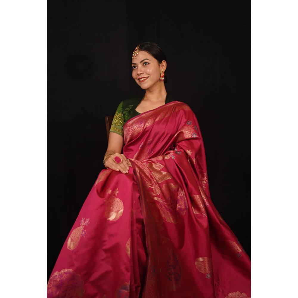 Isadora Life Womens Woven Zari Pink Pre-Draped Saree With Unstitched Blouse