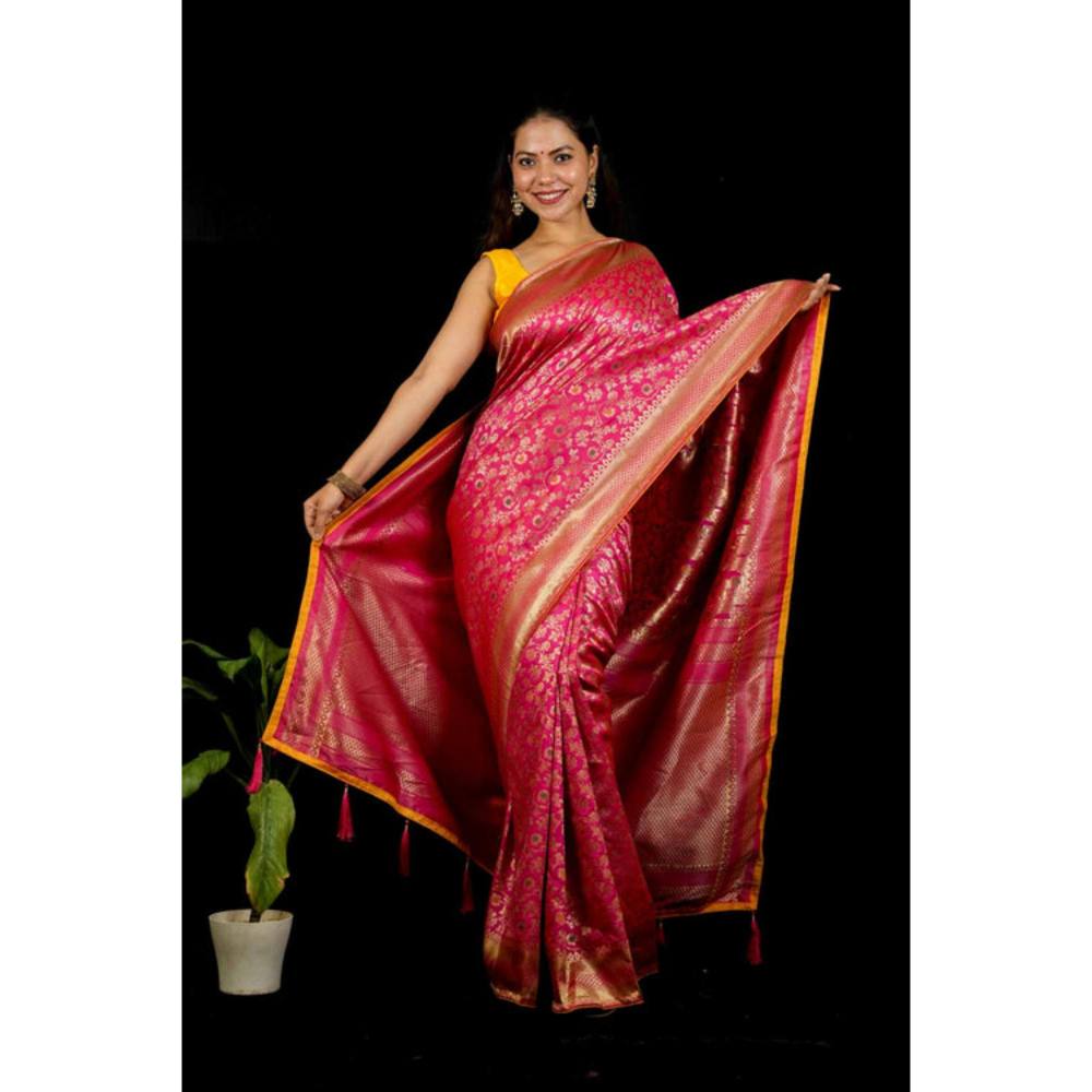 Isadora Life Womens Woven Zari Pink Pre-Draped Saree With Unstitched Blouse