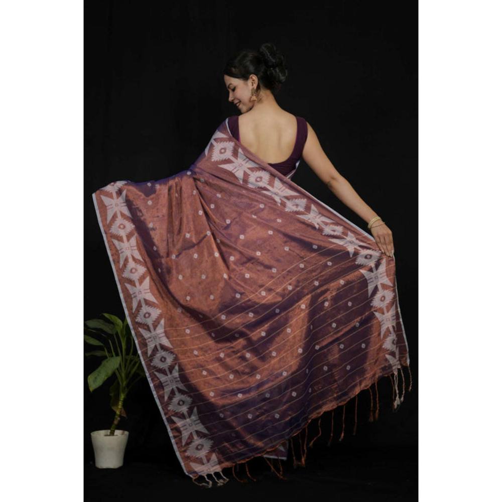 Isadora Life Womens Woven Tassels Purple Pre-Draped Saree With Unstitched Blouse