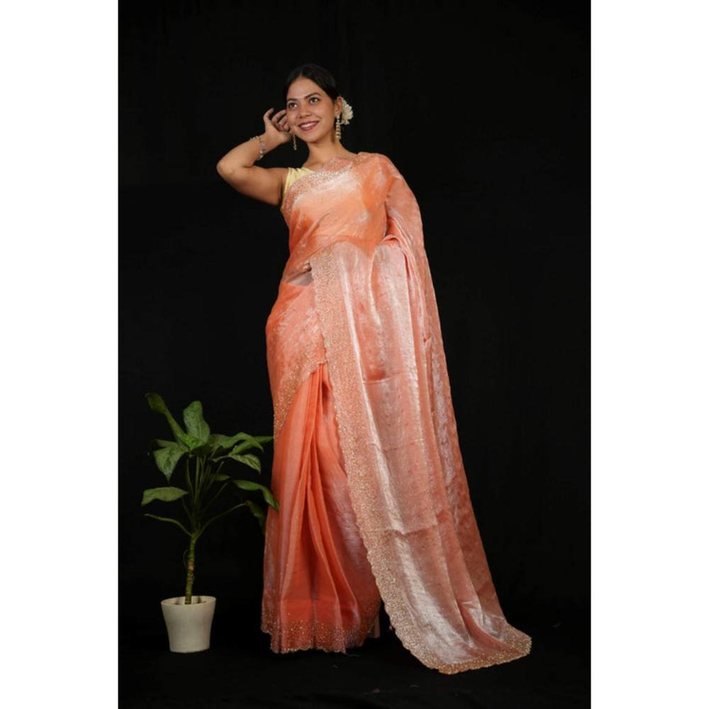 Isadora Life Womens Sequined Orange Pre-Draped Saree With Unstitched Blouse
