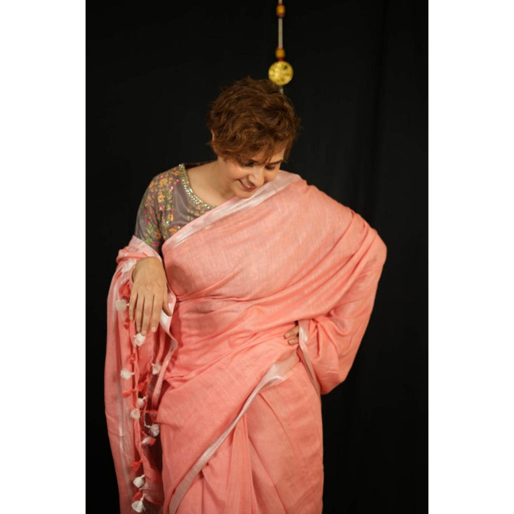 Isadora Life Womens Woven Tassels Peach Pre-Draped Saree With Unstitched Blouse