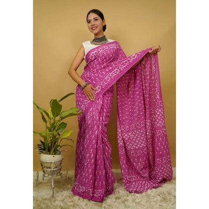 Isadora Life Womens Printed Purple Pre-Draped Saree With Unstitched Blouse