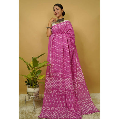 Isadora Life Womens Printed Purple Pre-Draped Saree With Unstitched Blouse