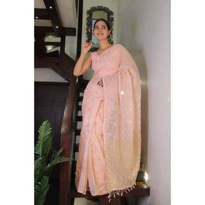 Isadora Life Womens Sequined Tassels Peach Pre-Draped Saree With Unstitched Blouse