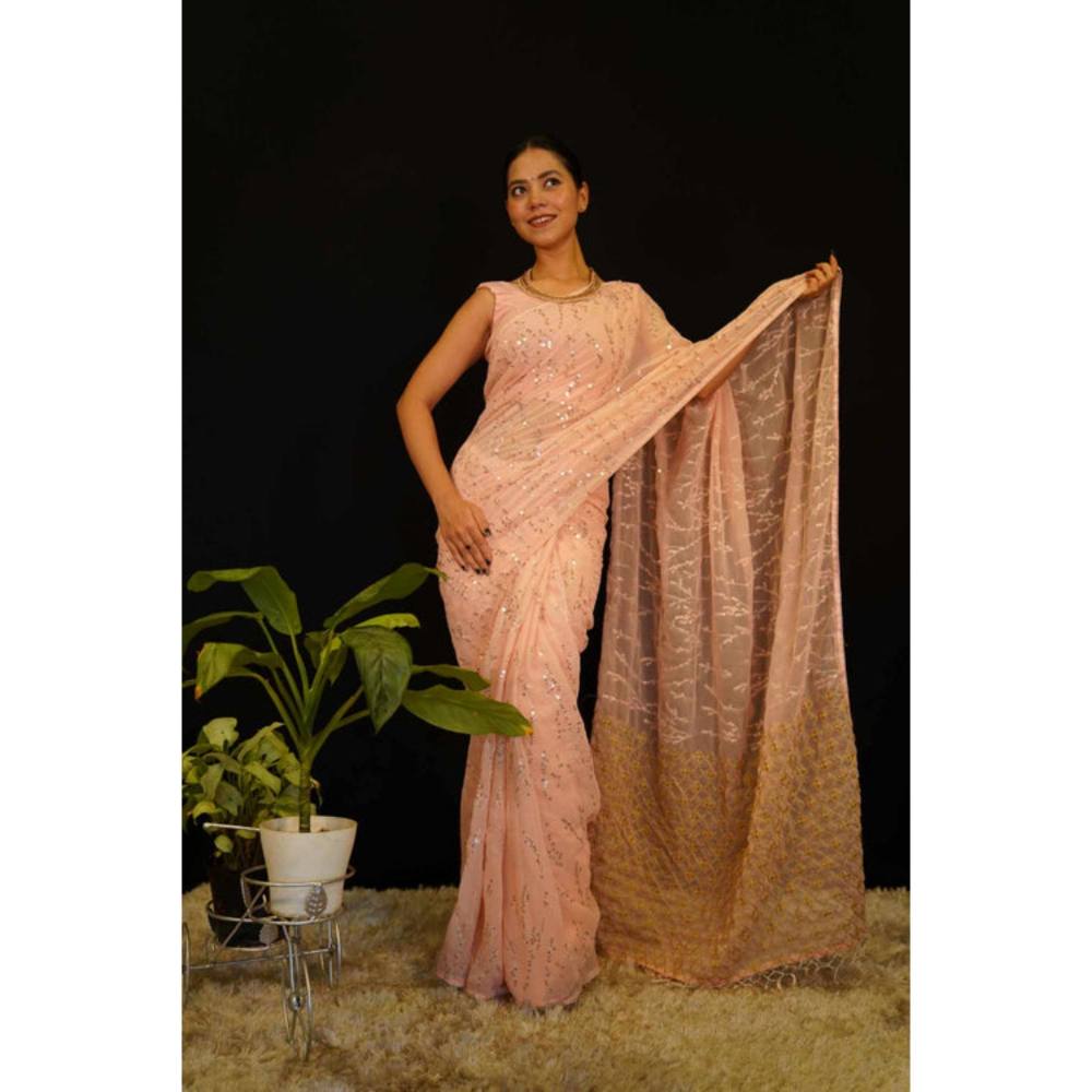 Isadora Life Womens Sequined Tassels Peach Pre-Draped Saree With Unstitched Blouse