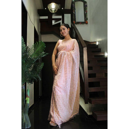 Isadora Life Womens Sequined Tassels Peach Pre-Draped Saree With Unstitched Blouse