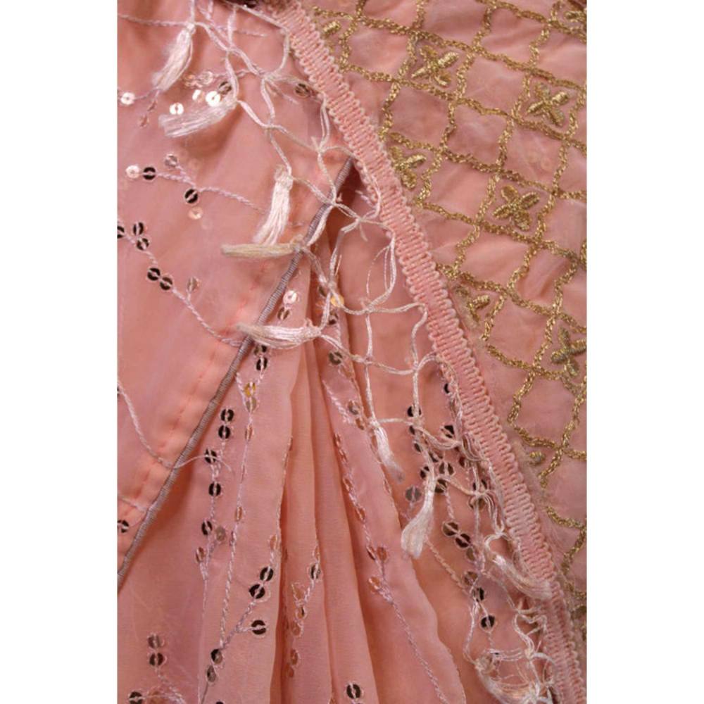 Isadora Life Womens Sequined Tassels Peach Pre-Draped Saree With Unstitched Blouse