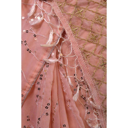 Isadora Life Womens Sequined Tassels Peach Pre-Draped Saree With Unstitched Blouse