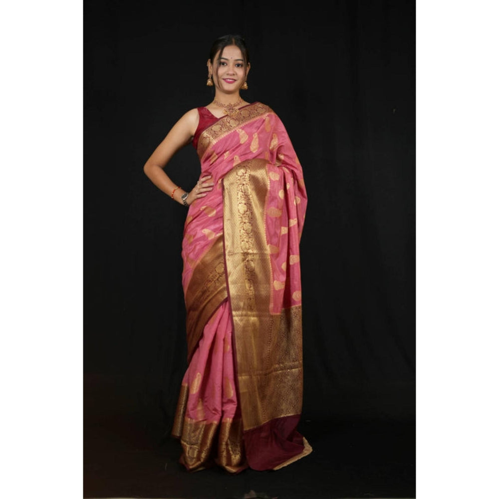 Isadora Life Womens Paisley Zari Pink Pre-Draped Saree With Unstitched Blouse
