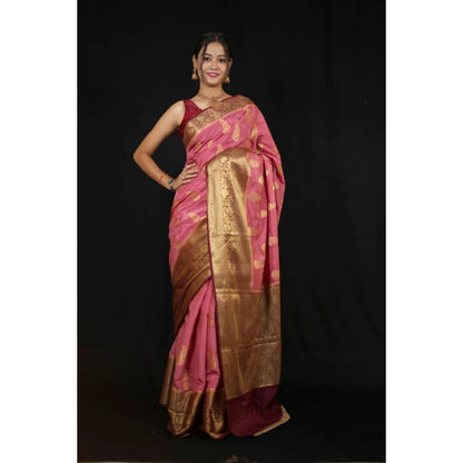 Isadora Life Womens Paisley Zari Pink Pre-Draped Saree With Unstitched Blouse