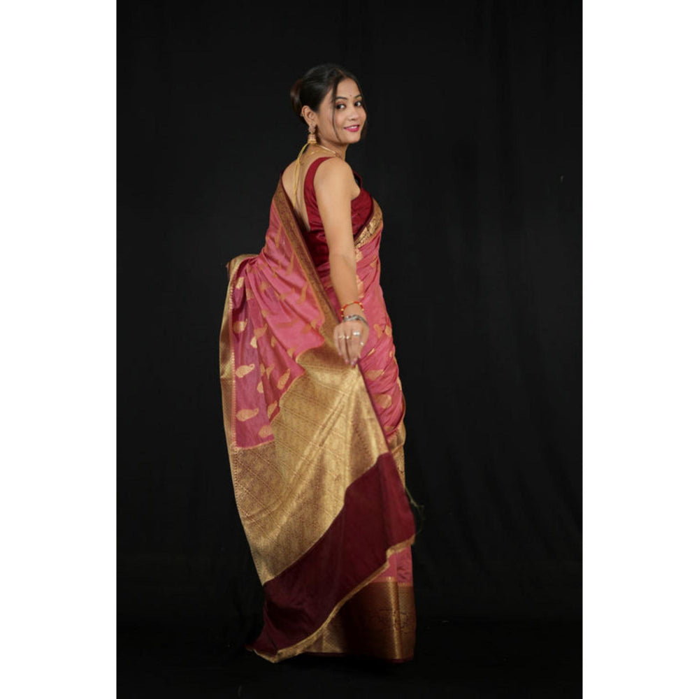 Isadora Life Womens Paisley Zari Pink Pre-Draped Saree With Unstitched Blouse