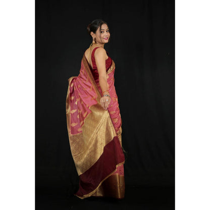 Isadora Life Womens Paisley Zari Pink Pre-Draped Saree With Unstitched Blouse