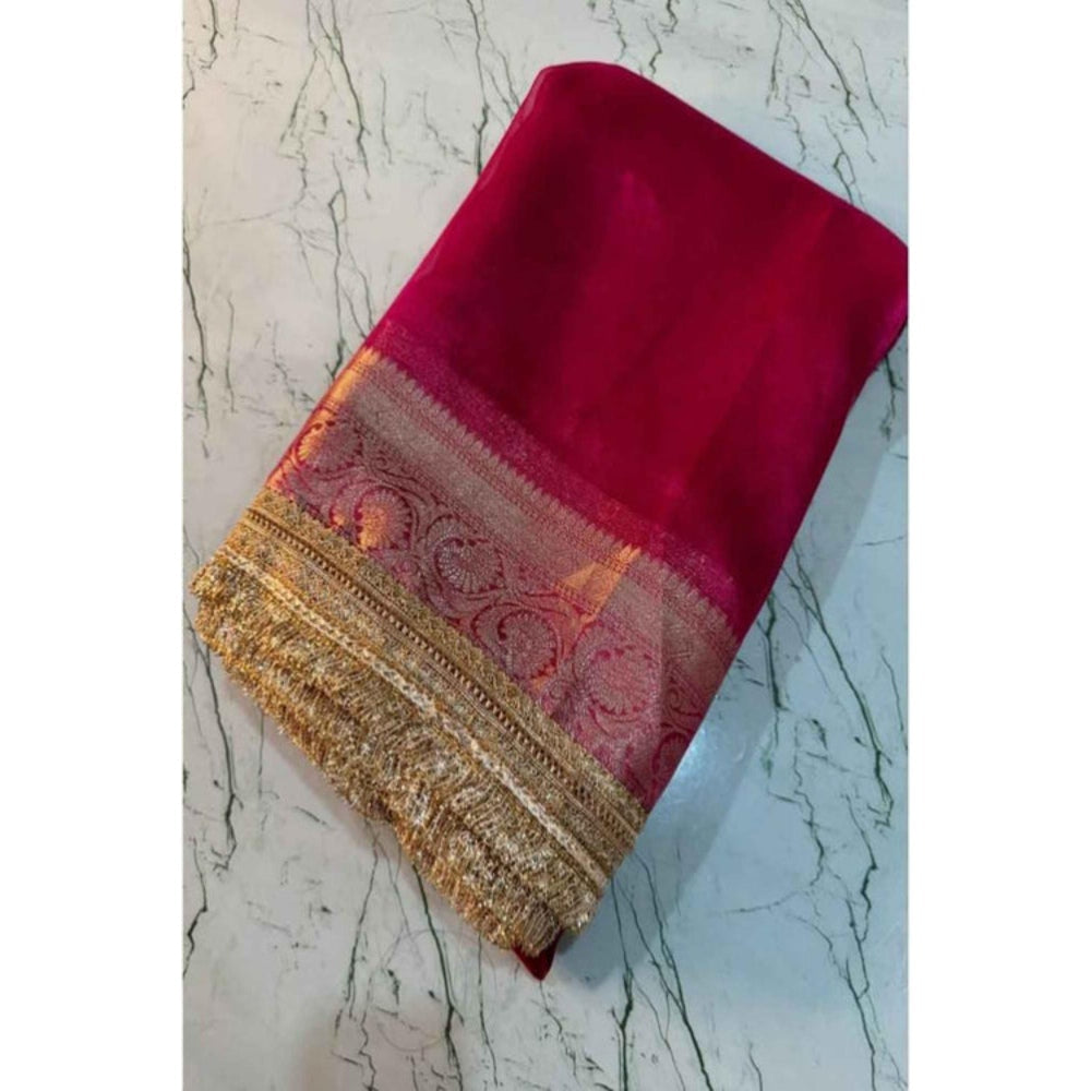 Isadora Life Womens Woven Zari Pink Pre-Draped Saree With Unstitched Blouse