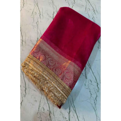 Isadora Life Womens Woven Zari Pink Pre-Draped Saree With Unstitched Blouse