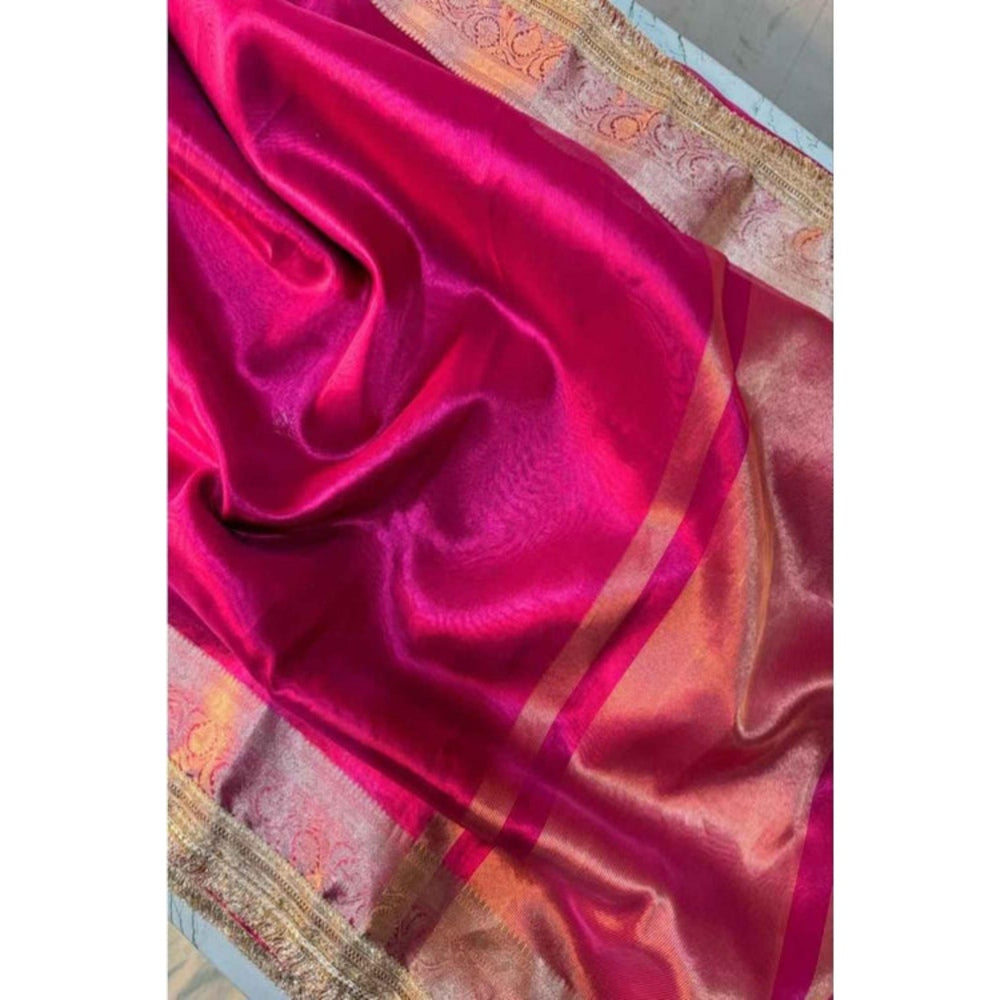 Isadora Life Womens Woven Zari Pink Pre-Draped Saree With Unstitched Blouse
