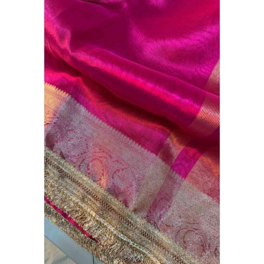 Isadora Life Womens Woven Zari Pink Pre-Draped Saree With Unstitched Blouse