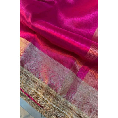 Isadora Life Womens Woven Zari Pink Pre-Draped Saree With Unstitched Blouse