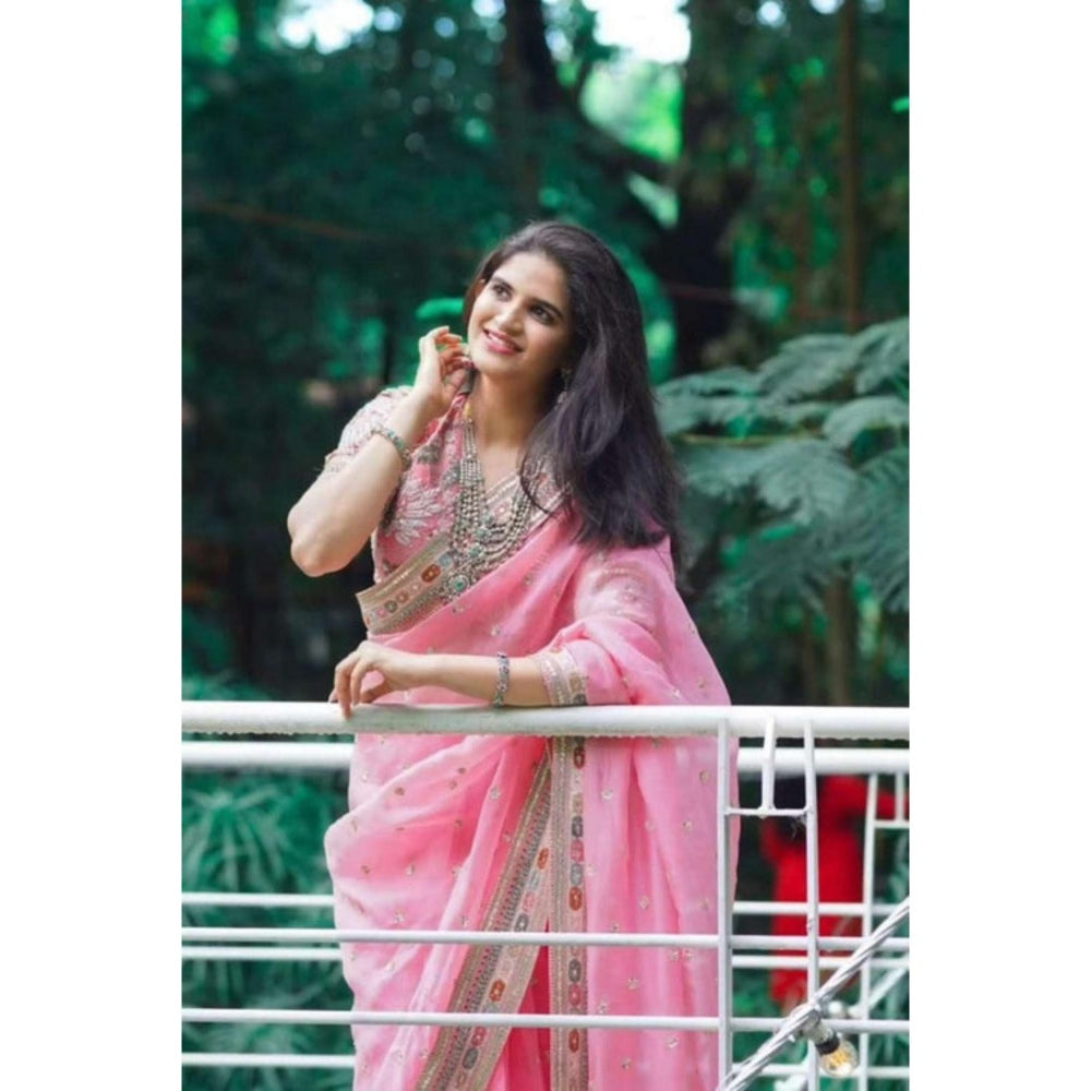 Isadora Life Womens Embroidered Sequined Pink Pre-Draped Saree With Unstitched Blouse