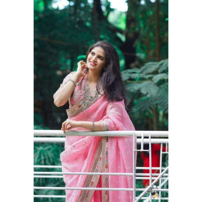 Isadora Life Womens Embroidered Sequined Pink Pre-Draped Saree With Unstitched Blouse